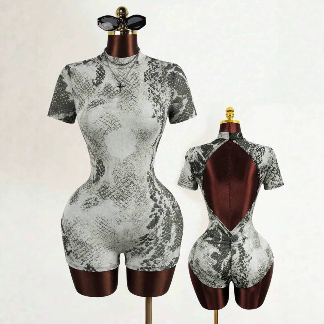 New European and American cross-border fashion sexy hot girl printed round neck backless slim-fit short-sleeve short jumpsuit for women