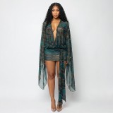 Cross-border European and American summer fashion printed mesh long-sleeve backless tie-up deep V bodycon mini dress for women