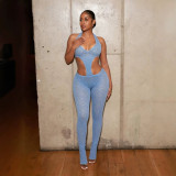 Cross-border European and American summer new foreign trade sexy hot girl solid color sheer slim-fit knitted jumpsuit for women