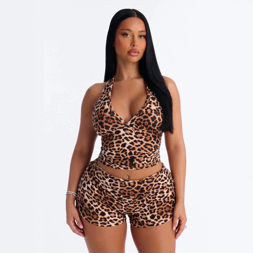 New European and American cross-border fashion sexy V-neck halter neck printed backless tank top and shorts set for women