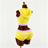 New European and American cross-border fashion casual sports solid color printed zip-up hooded top and hip-hugging shorts set