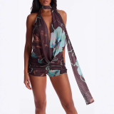Cross-border European and American summer new fashion sexy deep V-neck halter neck tie jumpsuit for women with scarf