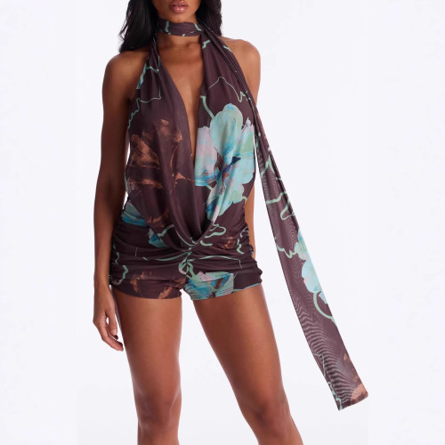 Cross-border European and American summer new fashion sexy deep V-neck halter neck tie jumpsuit for women with scarf