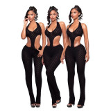 Cross-border European and American summer new foreign trade sexy hot girl solid color sheer slim-fit knitted jumpsuit for women