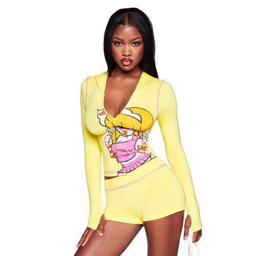 Cross-border European autumn cute cartoon print hooded zip-up jacket and low-waist long pants sports casual suit