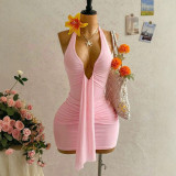 Cross-border European and American summer new fashion sexy deep V-neck halter neck ruched bodycon short dress for women