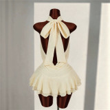 Cross-border European and American summer new foreign trade sexy solid color sleeveless halter neck tie-back waist-cinching tiered dress