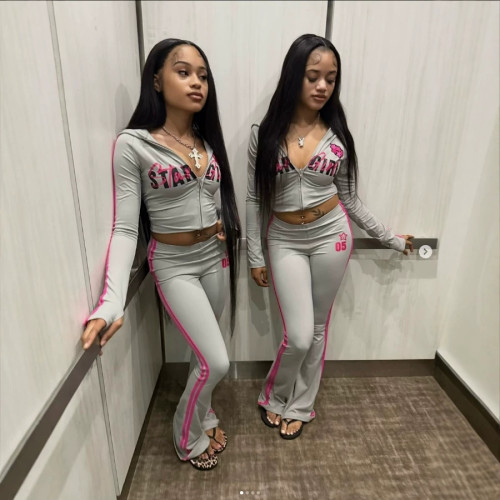 FC1430 European and American cross-border retro waist-cinching slim-fit letter-printed hot girl long-sleeve pantsuit casual outfit