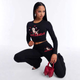 Cross-border European and American spring/summer new fashion casual sports solid color printed anime long-sleeve two-piece women's outfit