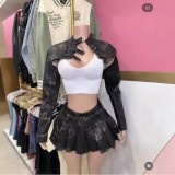 1296 Vintage leather jacket and skirt set retro hot girl leather jacket and skirt