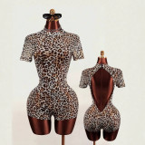 New European and American cross-border fashion sexy hot girl printed round neck backless slim-fit short-sleeve short jumpsuit for women