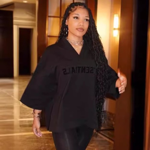 FC1225 European and American cross-border fashion V-neck hip-hop high street mid-sleeve T-shirt sweatshirt
