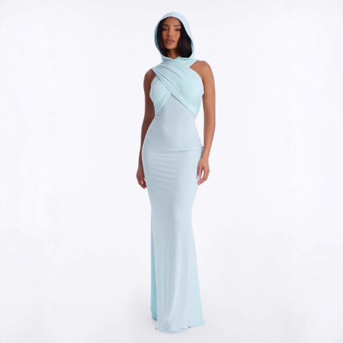 Cross-border European and American summer new fashion solid color sleeveless cross-strap hooded waist-cinching long dress for women