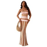 New European and American cross-border fashion sexy strapless color-block striped backless knitted long dress for women
