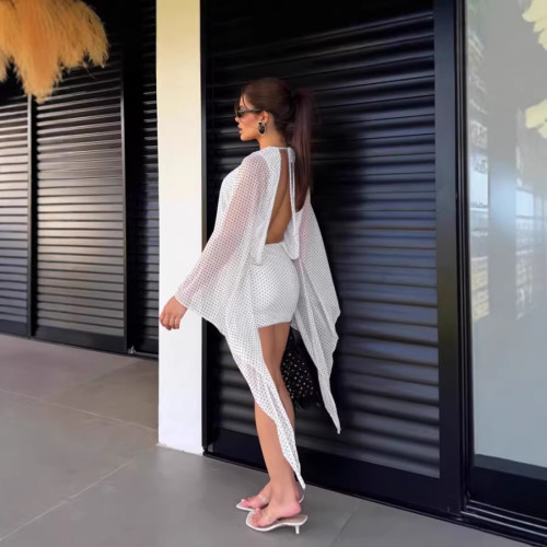 Cross-border European and American summer new fashion polka dot print mesh splicing long-sleeve backless bodycon dress for women