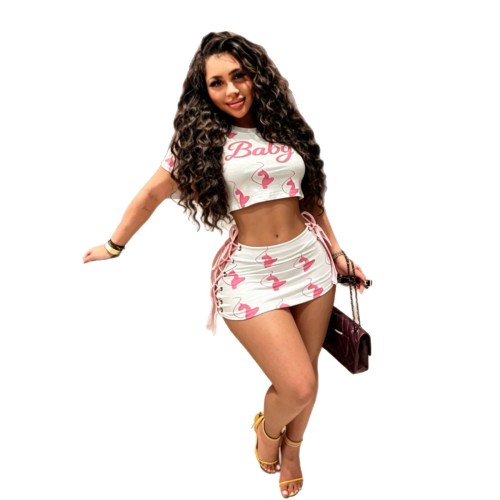 FC1487 European and American cross-border hot girl print slim-fit round-neck T-shirt and strap short skirt two-piece fashion set