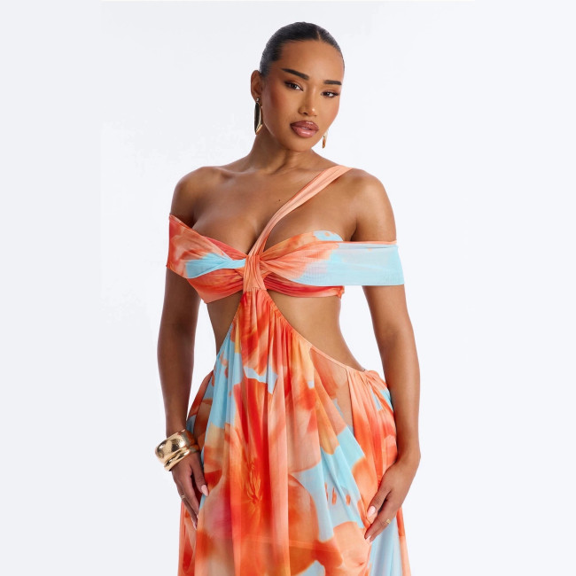 Cross-border European and American summer new fashion sexy strapless slim-fit printed asymmetrical dress for women