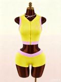 New European and American cross-border fashion casual sports solid color printed zip-up hooded top and hip-hugging shorts set