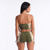 Cross-border European and American summer new fashion tie-dye strapless tassel tank top, shorts, and triangle scarf three-piece set