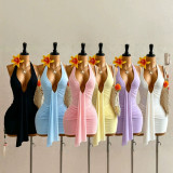 Cross-border European and American summer new fashion sexy deep V-neck halter neck ruched bodycon short dress for women