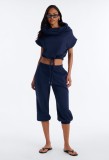 Cross-border European and American summer new casual foreign trade set for women: stacked collar short-sleeve crop top with tie and elastic cropped pants