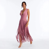 Cross-border European and American foreign trade summer new fashion sexy deep V-neck bandage tassel double-layer long dress women's clothing