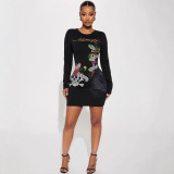 Cross-border European and American spring/summer new fashion trendy personalized printed long-sleeve round-neck slim-fit dress
