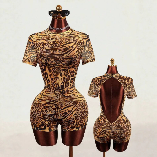 New European and American cross-border fashion sexy hot girl printed round neck backless slim-fit short-sleeve short jumpsuit for women