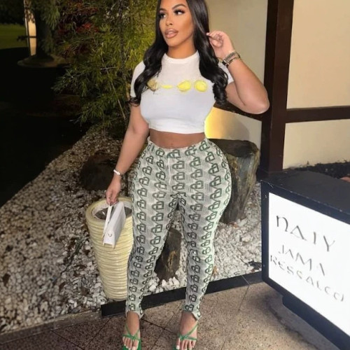 FC1219 European and American cross-border fashion printed short-sleeve T-shirt and tight pants set
