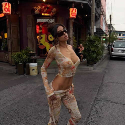 Cross-border European and American summer new fashion sexy V-neck printed tie slim-fit long pants suit for women