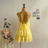 Cross-border European and American summer new foreign trade resort style sexy halter neck tie-back sleeveless ruffle cake dress for women