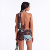 Cross-border European and American summer new fashion sexy deep V-neck halter neck tie jumpsuit for women with scarf