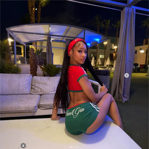FC1497 Cross-Border European and American Sexy Hot Girl Contrast Color V-Neck Navel-Revealing Top and Skirt-Pants Set