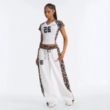 New European and American cross-border fashion leopard print letter print short top with slimming wide-leg pants set
