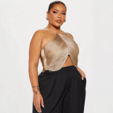 New European and American cross-border fashion sexy halter neck strap irregular tassel short backless top for women