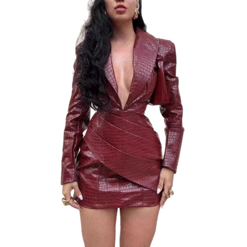 1420 Sexy Red Deep V Neck Ruched Faux Leather Bodycon Dress
