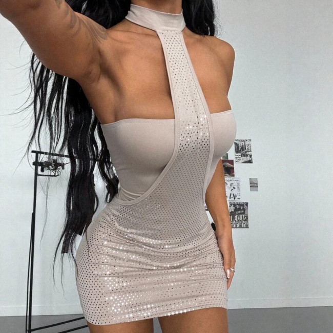 Cross-border European and American summer new fashion sexy sequin halter neck tie sleeveless short bodycon dress for women