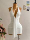 Cross-border European and American summer new fashion sexy deep V-neck halter neck ruched bodycon short dress for women