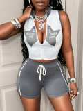 Cross-border European and American summer new style foreign trade casual sleeveless printed star and letter zipper top and shorts set