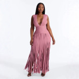 Cross-border European and American foreign trade summer new fashion sexy deep V-neck bandage tassel double-layer long dress women's clothing