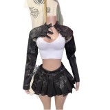 1296 Vintage leather jacket and skirt set retro hot girl leather jacket and skirt
