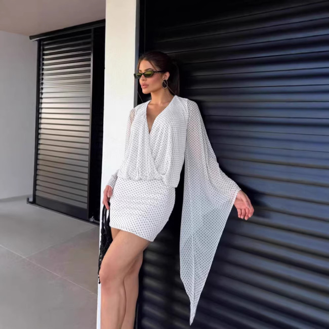 Cross-border European and American summer new fashion polka dot print mesh splicing long-sleeve backless bodycon dress for women