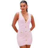 Cross-border European and American summer new fashion elegant V-neck sleeveless slim-fit knitted short dress for women