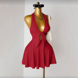 Cross-border European and American summer new fashion sexy solid color V-neck strap tight-fitting short dress for women