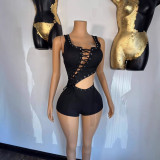 1429 Fashion Tie-Up Sexy Crop Top Asymmetrical Tank Romper