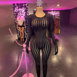 Y3008335 European and American cross-border new women's clothing sexy sheer fashion seamless striped jacquard tight-fitting long-sleeve jumpsuit