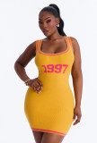 Cross-border European and American summer new fashion sexy slim-fit color-block letter print sleeveless bodycon short dress for women