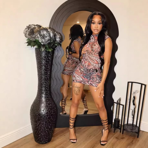 1458 European and American cross-border new sexy hot girl backless printed bodycon dress women's clothing