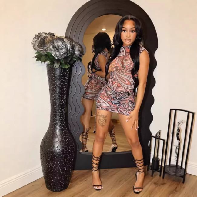 1458 European and American cross-border new sexy hot girl backless printed bodycon dress women's clothing