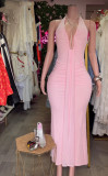 Cross-border European and American summer new fashion sexy deep V-neck halter neck ruched bodycon long dress